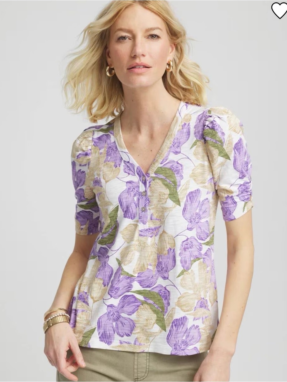 Chico's Floral Slub Split Neck Henley Tee, Size Large